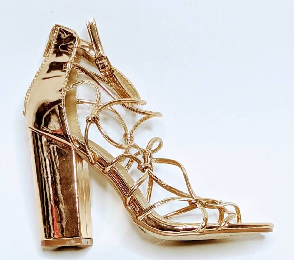 Charlotte Russe Womens Gladiator Block Heels Shoes Gold Ankle Strap Buckle Zip 6